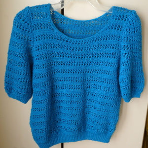 Turquoise hand knit T sweater top lacy L